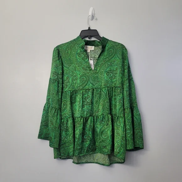 JB By Julie Brown New York Paisley Print Split Mock Neck Bell 3/4 Sleeve Top - Picture 2 of 10